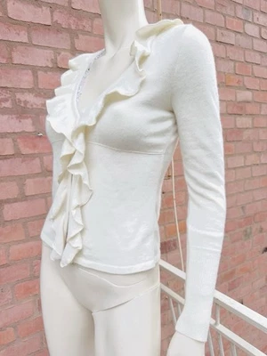 BLUMARINE Cárdigan Jersey Marfil Blanco Angora Tejido Lana Acanalado Volantes... - Imagen 1 de 4