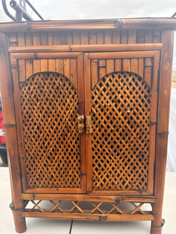 Tropical Tiki Bamboo Cabinet – Retro Rattan Accent Piece - Image 1 of 4