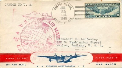 FIRST AIR MAIL FLIGHT SOUTH PACIFIC SERVICE, CANTON ISLAND TO INDIANA - Image 1 of 3