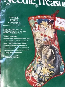 Medias y adorno de Navidad con aguja de coser tesoros gato gatito EE. UU. 1989 vino - Imagen 1 de 5