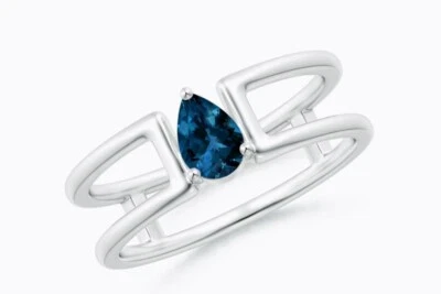 Drop Cut Blue Topaz 925 Sterling Silver Solitaire Engagement Bridal Ring - Image 1 of 4