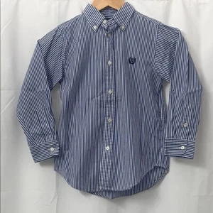 Camisa con botones de manga larga a rayas azules y blancas talla 7 usada en excelente estado para niños - Imagen 1 de 6