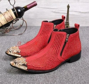 Stivaletti uomo business pelle strass zip metallo punta scarpe rosso - Foto 1 di 11