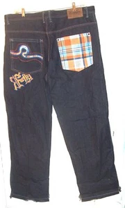 Raw Blue Denim Jeans Plaid Accents Contrast Stitching Jeans Sz 42 W x 34 L - Picture 1 of 7