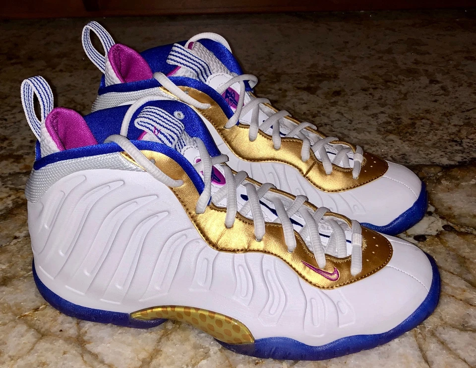 NIKE Little Posite One White Fuchsia Gold Basketball Shoes NEW Youth Girls 5.5 - Image 1 of 4