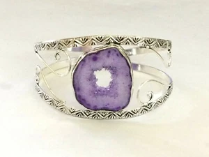 ST01906 .925 SILVER PLATED PURPLE BLUE QUARTZ DRUZY BANGLE BRACELET - Picture 1 of 2