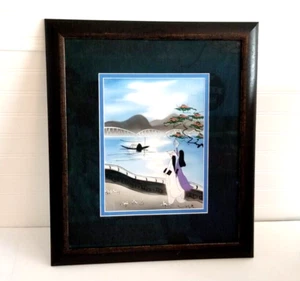Asian Watercolor Painting Silk Women Water Bridge Landscape Matted Framed 18x21 - Picture 1 of 11
