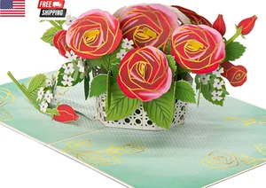 Rose Basket Pop up Cards, 3D Greeting Cards, Ideal Gifts for Birthday, Mothers D - Picture 1 of 6