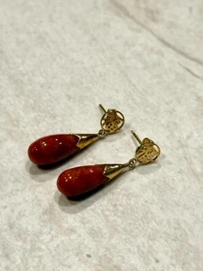 Vintage 14K Gelbgold Ohrringe Träne Tropfen rote Jade chinesisches Symbol Glück Nachlass - Bild 1 von 10