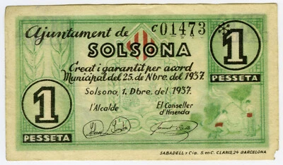 # SPAIN CIVIL WAR 1937 • SOLSONA 1 PTA MUNICIPAL ☆ GUERRA CIVIL ESPAÑOLA  ☆D1152 - Image 1 of 2