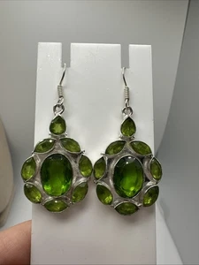 Sterling Silver Green Peridot Simulant Dangle Earrings - Picture 1 of 6