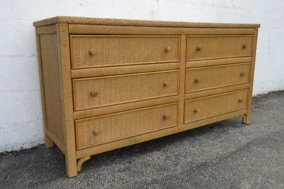 Lexington Hollywood Regency Woven Wicker Glass Top Double Dresser 6134 - Image 1 of 4