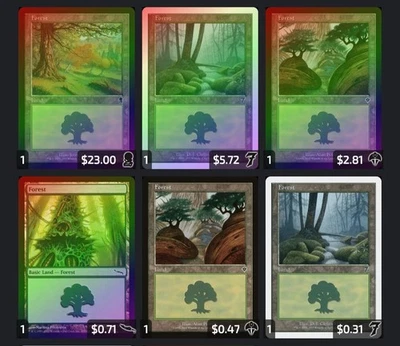 6 magic the gathering FOIL Forest 305 Mirrodin, 349 Odyssey/invasion, 328 7th Ed - Image 1 of 4