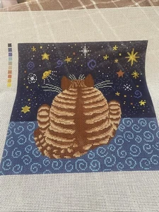 handbemalte Nadelspitze Leinwand Fat Cat Orange Tabby Sterne Wirbel 11" 13 M - Bild 1 von 2