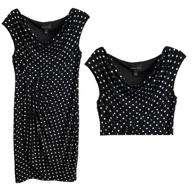 Vestido Connected Apparel Talla 12 Negro Blanco Lunares Elastizado Drapeado Capucha Cuello Foto 1 de 4