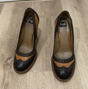 Dolce & Gabbana Pumps Italy Vintage Brown Tan Leather Heel Sz 38 7.5 Oxford D&G - Picture 1 of 8