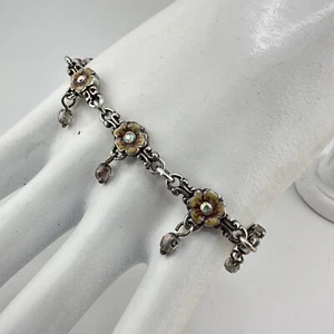 7.5” Brighton Silver Plated Enamel Flower Dangle Crystal Bead Bracelet - Picture 1 of 8
