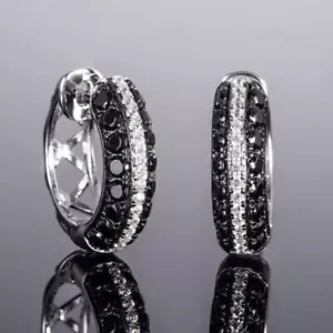 2.20Ct Lab Created Black & White Diamond Hoop Earrings 14K White Gold Plated - Picture 1 of 3