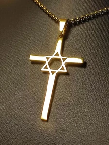 Halskette in Gold Israel Jude Davidstern Stern im Kreuz Synagoge Glaube - Bild 1 von 7