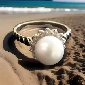 South Sea Pearl & Zircon YG Vermeil & Black Enameled Flower Ring - Picture 1 of 10