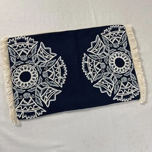Pier 1 Lumbar Throw Pillow Cottage Floral Embroidered Crewel 19 x12" Navy Fringe - Picture 1 of 14