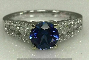 2 Ct Round Cut Simulated Blue Sapphire Solitaire Ring 925 Sterling Silver Plated - Picture 1 of 11