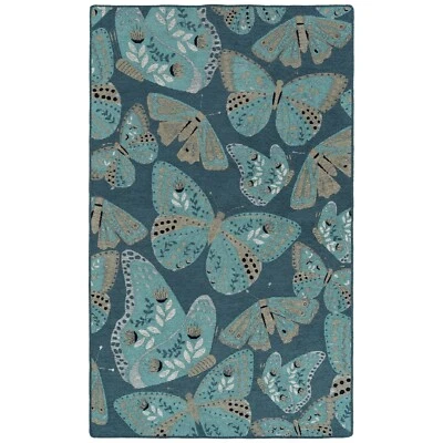 New HILARY FARR Critter Comforts BLUE BUTTERFLY 5x8 AREA RUG Kaleen BUTTERFLIES - Image 1 of 4