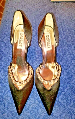 Badgley Mischka black satin and pearl jewel heels D'orsay shoes size 7.5 - Image 1 of 4