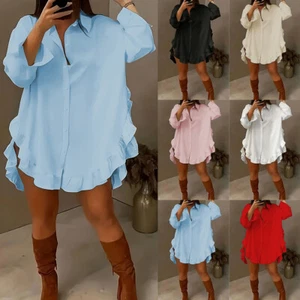 Women Ruffle Party Loose V-Neck Long Tops Ladies Long Sleeve Casual Shirt Blouse - Picture 1 of 28