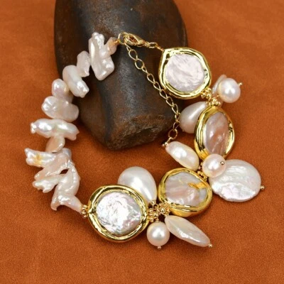 8'' Natural Multi Shape White Pearl Gold plated Edge Keshi Pearl Bracelet Lady - Image 1 of 4