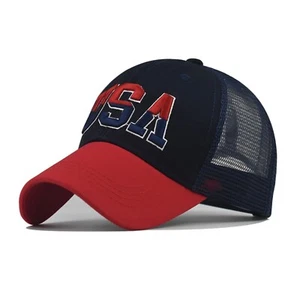 USA Embroidered Low Profile Baseball Cap - Blue Top, Red Brim - Trucker Cap, Hat - Picture 1 of 3