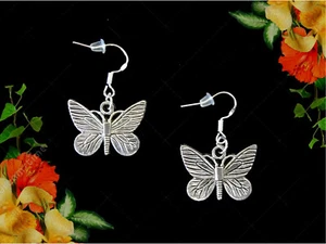 BUTTERFLY DANGLE SILVER EARRINGS~STERLING HOOK~MOTHERS DAY GIFT FOR HER MOM WIFE - Picture 1 of 8