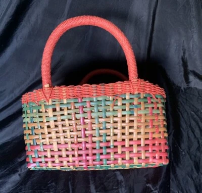 Vintage 1950’s Colorful Woven Basket Multipurpose Tote Bag - Image 1 of 4