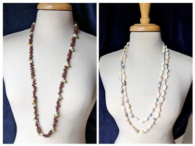 Lot of 2 Natural Pink Blue Shell Bead Brown Fruit Seed Green Swirl Necklace  - Image 1 of 4