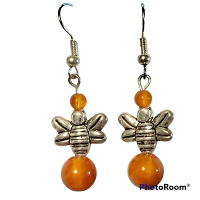 Pendientes Cornalina Cuentas Abejorro Plateado Cuelga Insecto Reina Bea Naranja Foto 1 de 4