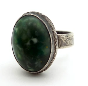 Anello floreale antico argento sterling art nouveau diaspro verde inciso taglia 8 - Foto 1 di 5