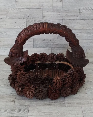Vintage Handmade Twig and Pine Cone Basket - Hand Carved Thick Handle with Cover