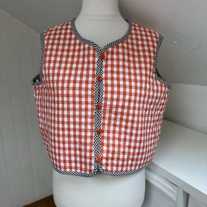 La Veste Waistcoat Size L Orange Brown Gingham Cotton Quilted Jacket Button Up - Picture 1 of 9
