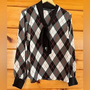 NY&C New York & Company Plaid Diamond Multicolor V Neck Tie Long Sleeve Blouse M - Picture 1 of 5