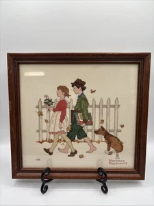 Vintage Cross Stitch Norman Rockwell 13.5” X 12.5” Framed Boy Girl Dog Fall - Picture 1 of 4