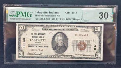 1929 $20 Lafayette en First-Merchants NB PMG VF35 EPQ Ch#11148 Foto 1 de 2