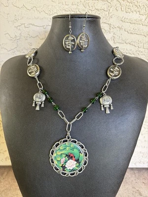 "Juego de collar y pendientes de peltre de 22"" - Colgante Fénix verde artesanal oriental" Foto 1 de 4