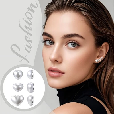 3 pares de aretes de perlas magnéticos de doble cara con corazón para mujer con tachuelas no perforantes de 6-8 mm Foto 1 de 4