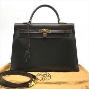 Borsa a tracolla Hermes Kelly 35 marrone scatola pelle di vitello 2 vie ferramenta oro - Foto 1 di 10