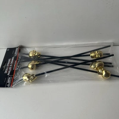 Halloween Party Skull Straws Plastic Reusable black And Gold - Image 1 of 3
