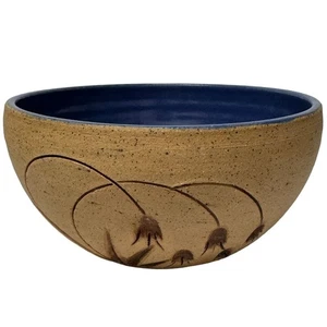 Studio Kunst Keramik Schale blaue Glasur innen beige geätzt außen signiert 5,5" - Bild 1 von 13