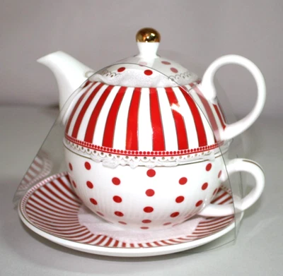 Grace Teaware Josephine Red Stripes & Dots ‘Tea for One’ Set Gold Accents New - Image 1 of 3