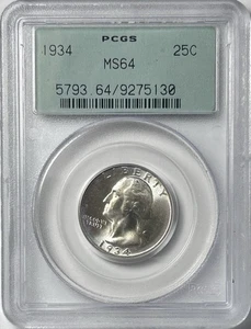 Moneda de cuarto de plata Washington 1934 graduación profesional MS64 lema pesado 25C OGH buen color - Imagen 1 de 3