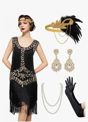 Vestido Flapper Gatsby Años 20 Lentejuelas Flecos Cuentas Disfraz de Baile SM/MED 6 PIEZAS Conjunto Foto 1 de 4