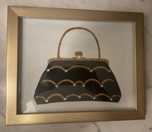 Wall Art Black Purse with Glitter Sequins in Gold Metal Frame Patton Picture Co. - Picture 1 of 6